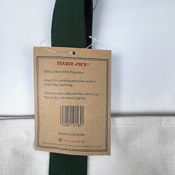 New With Tags Trader Joe's Large Canvas Tote Forest Green Reusable Bag - Picture 3 of 4
